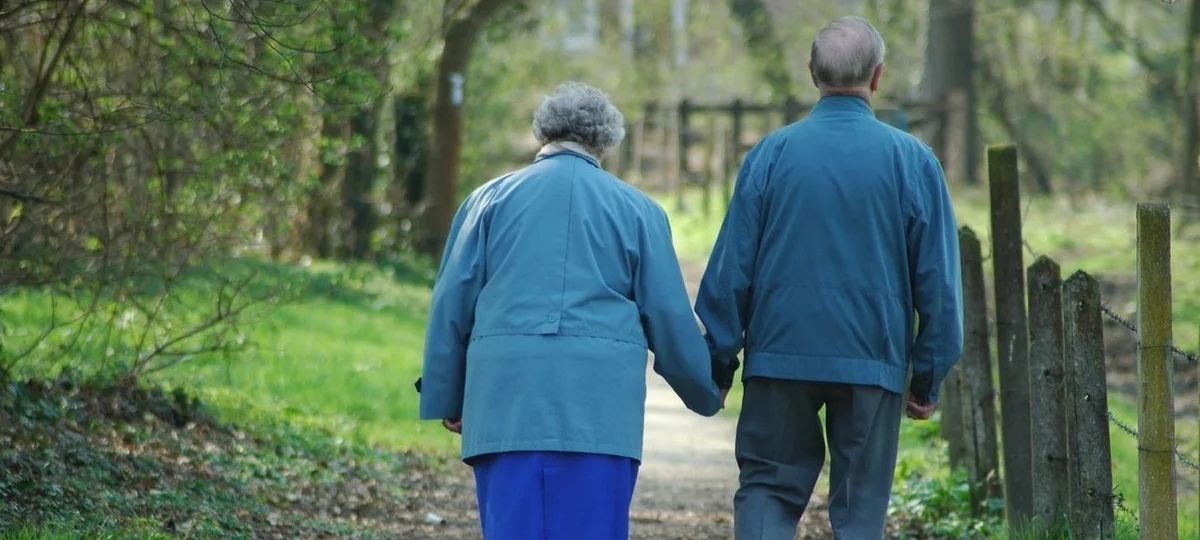 пенсионеры, улица, идут за руку