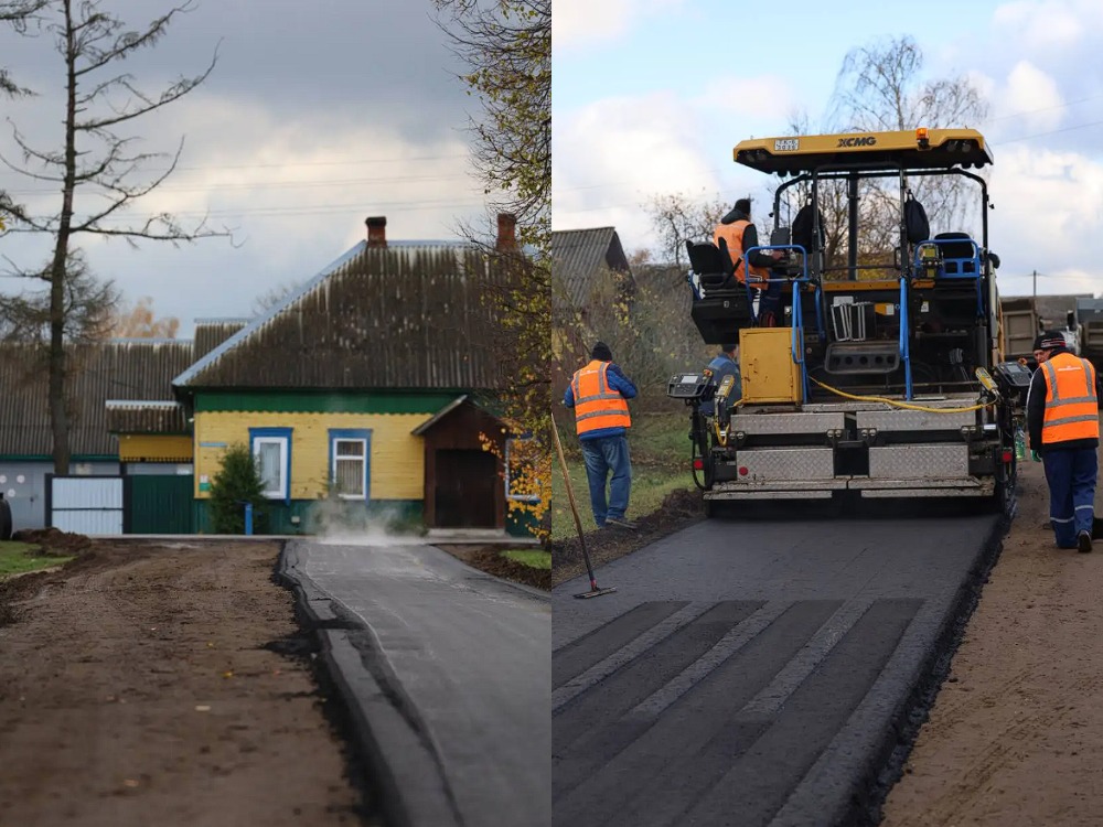 асфальтоукладчик кладет асфальт